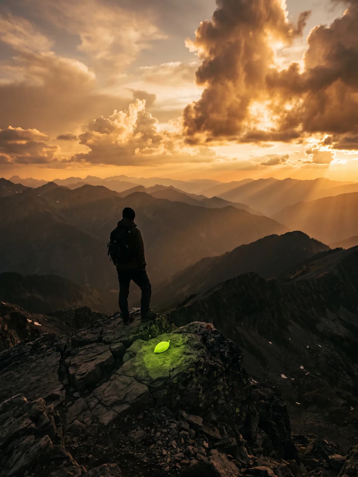 A figure on a mountain summit at sunrise, a small green light glowing on the rock at their feet