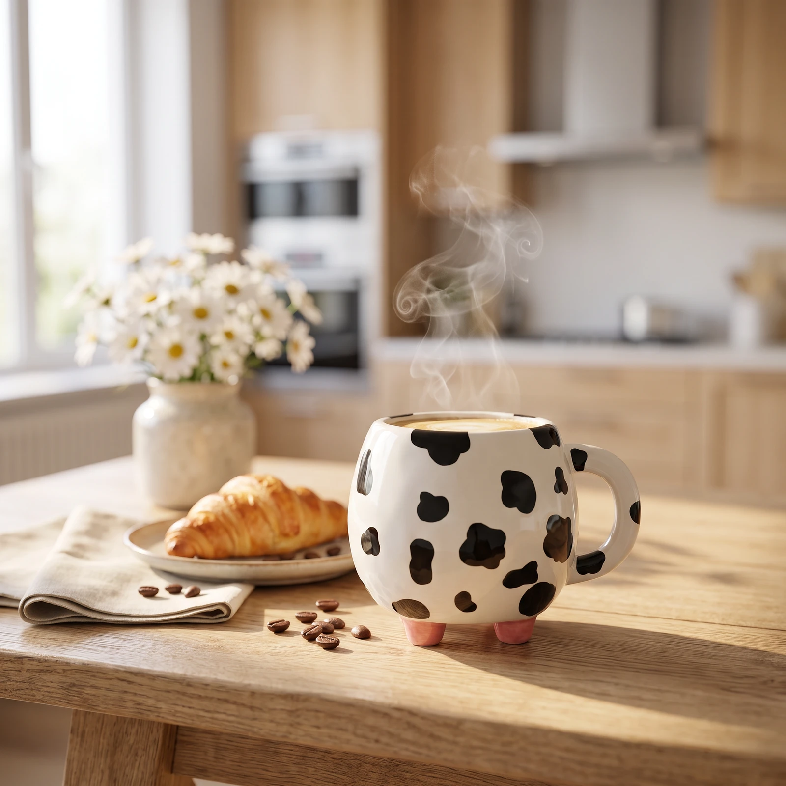 Cow-print ceramic mug: the finished e-commerce lifestyle